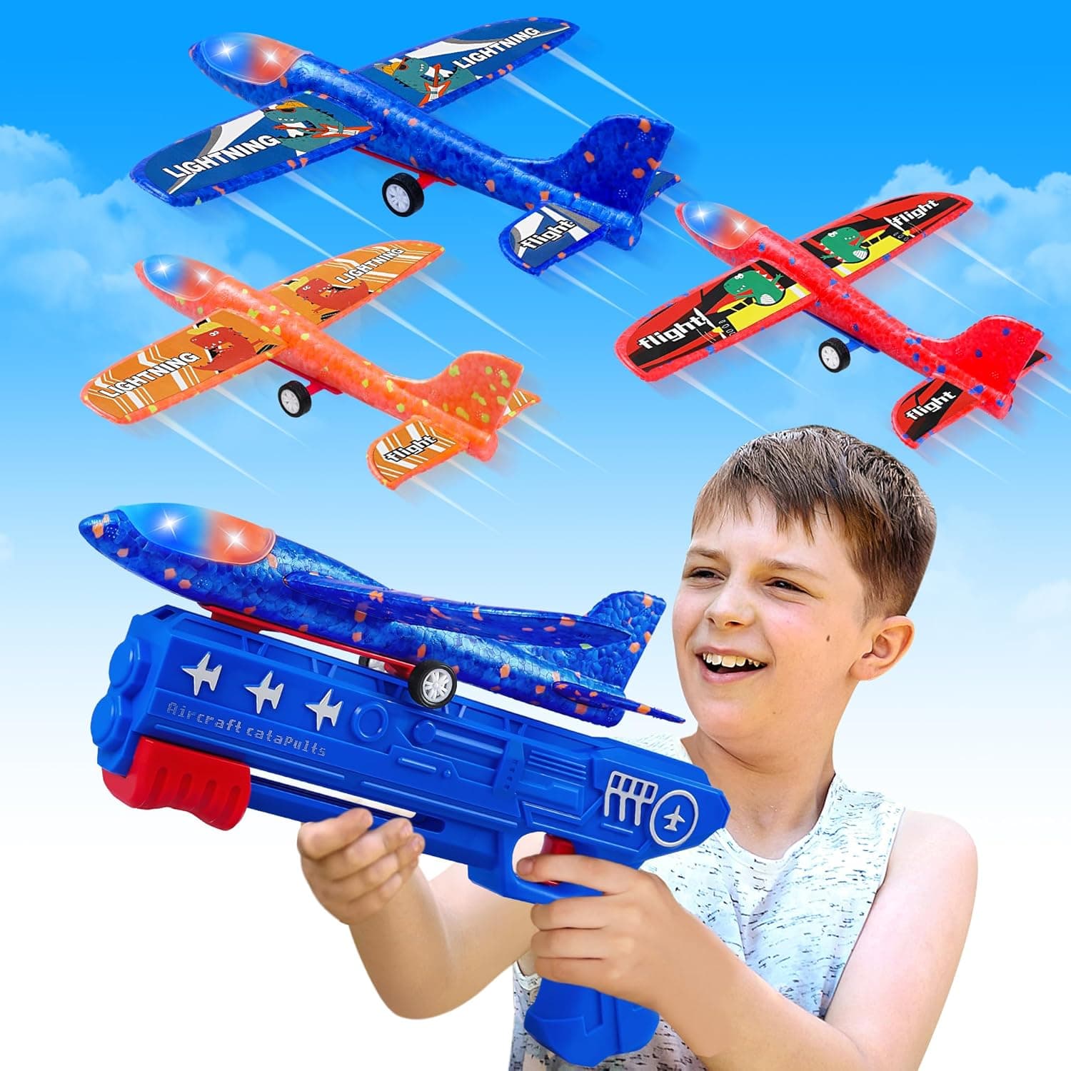 **2 in 1 Airplane Toys - Our glider boy toy is equipped with 3 different colors of green,                      orange, and blue gliding foam planes, and 1 plane launcher. By throwing planes by hand or flying them with                      the launcher, kids can cultivate their hand-eye coordination, observation, and sense of direction                      ***Safe & Fun for Play - This foam airplane is made of molded foam, lightweight, safe, bendable,                      and will not harm kids' hands or feet, and comes with colorful LED lights, so kids can enjoy the fun of flying toys even                      at night. It allows your child to leave the video game, relax with friends and family, and enjoy a good outdoor time                      ***3 Fun Ways To Play - Foam glider-led plans can not only use the airplane launcher to achieve flight,                      but also can be thrown airplane toys into the sky and ground manually, or slid by hand boys toys.                      This plane brings endless fun to children, and outdoor toys and more novel ways to play are waiting for you to discover!                      In addition, glider planes for kids have no restrictions on the launch site, you can play indoors and outdoors!                      ***Catapult Plane Toys Accessories - Foam airplanes for kids include 3-pack airplanes and 1 launcher.                      Come with colorful LED lights, so kids can enjoy the fun no matter day or night for outdoor activities,                      and will increase their interest in flying. Airplane size: 9.33 x 8.66 in, Launcher size: 10.03 x 4.52 in                      ***✈Ideal Kids Gifts: Best birthday Christmas gift for 4-8 years of boys girls. Also,                      this will be a cool glider plane for kids, it is a good choice for toy gifts for kids on Easter, Christmas, Halloween,                      Thanksgiving Day, New Year, etc., Or being party favors for aviation and airplane themes, birthdays  